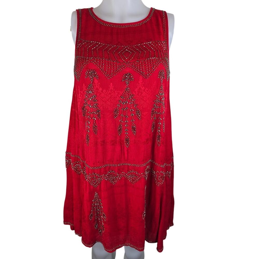 Free People Red Lined Beaded Floral Fabric Design Tunic Dress Size XS